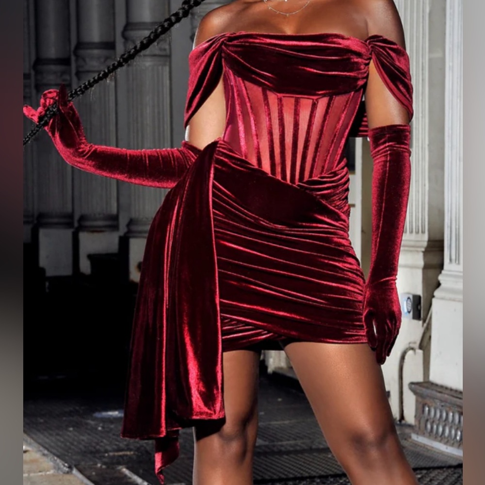 Burgundy Velvet Corset Shoulder Dress Size Small